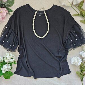 Black Pearl Mesh Puff Sleeve Top Statement Sleeve Blouse Size M